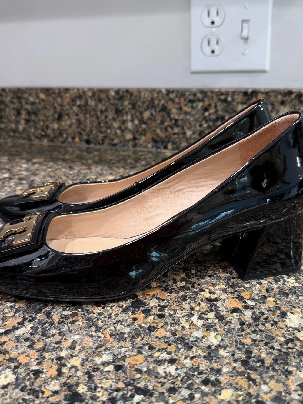 Tory Burch Gigi Black Patent Leather Block Heel Pumps with Gold Accent - Picture 1 of 8